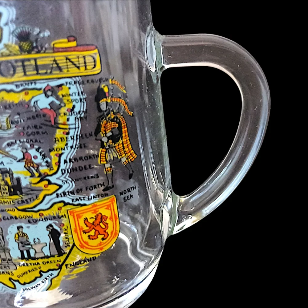 Vtg Scotland Souvenir Glass Mug Cup Gold Trim Transfer Ware‎ Map Highland Arts
